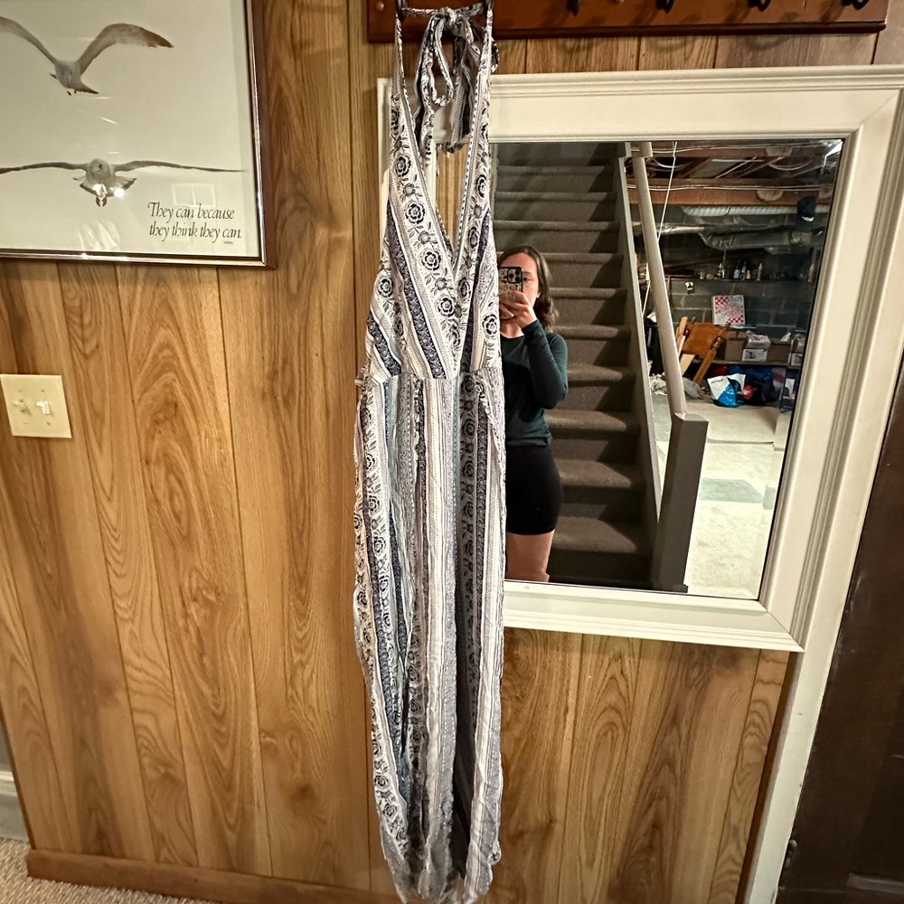 American Eagle Blue Paisley Halter Jumpsuit